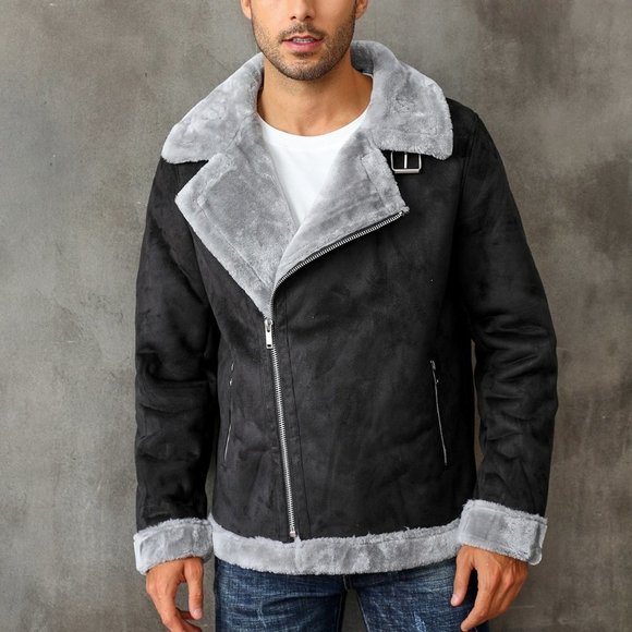 Black Casual Mens Zip Up Lapel Neck Teddy Lined Coat - Picture 4 of 5